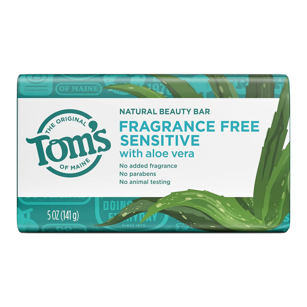 Toms of Maine Natural Beauty Bar Soap For Sensitive Skin With Aloe Vera, Fragrance Free, 5 Oz